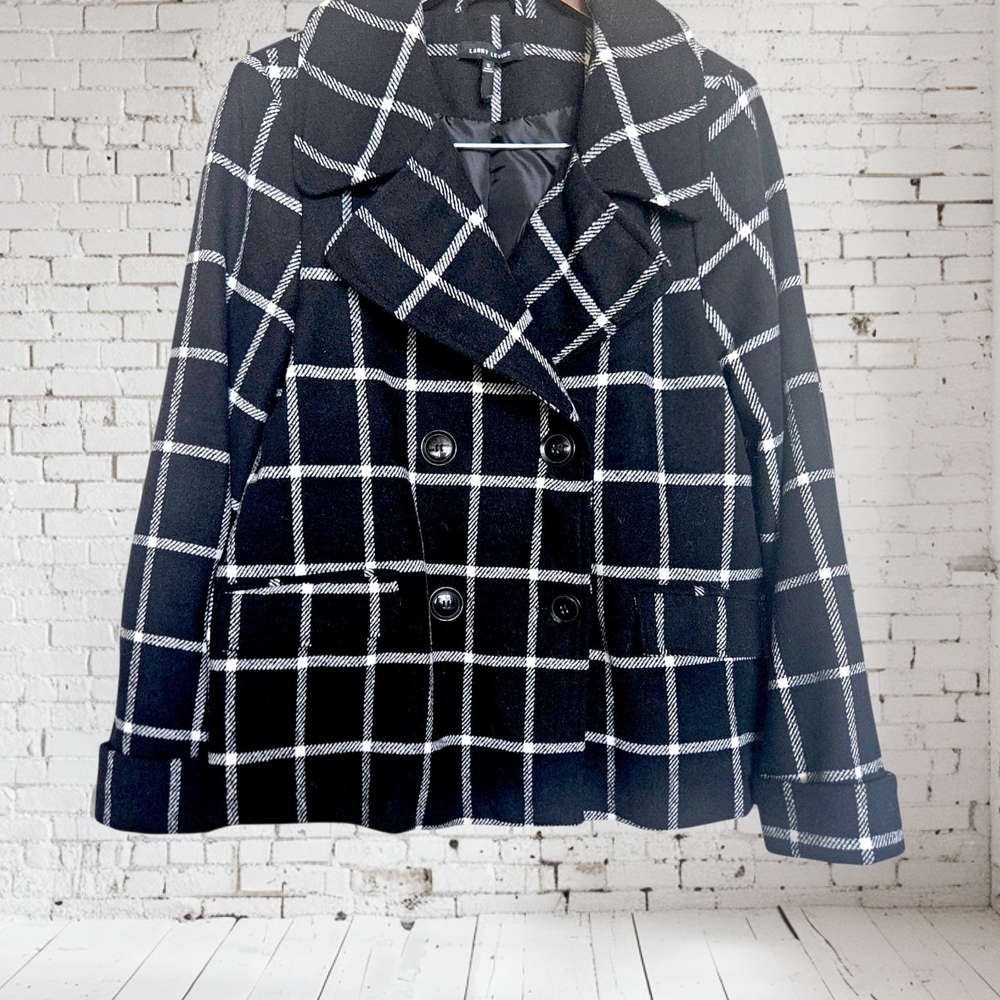 Larry Levine Black and White Plaid Pea Coat